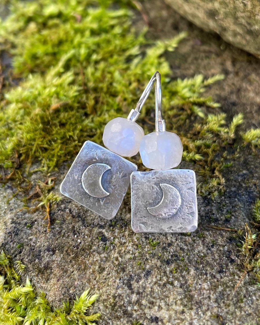 Oxidised sterling silver and moonstone crescent moon earrings