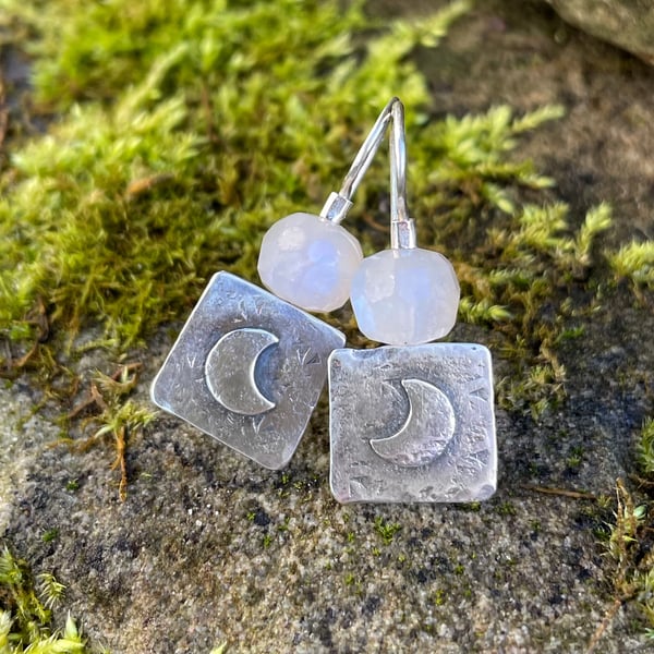 Oxidised sterling silver and moonstone crescent moon earrings