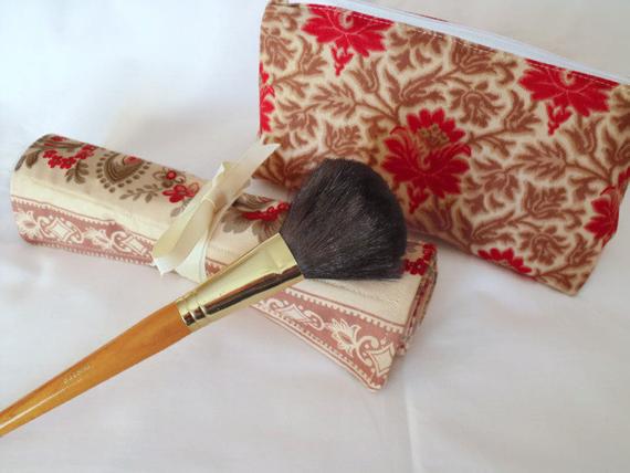 red and beige floral make up gift set, toiletry bag and make up brush holder