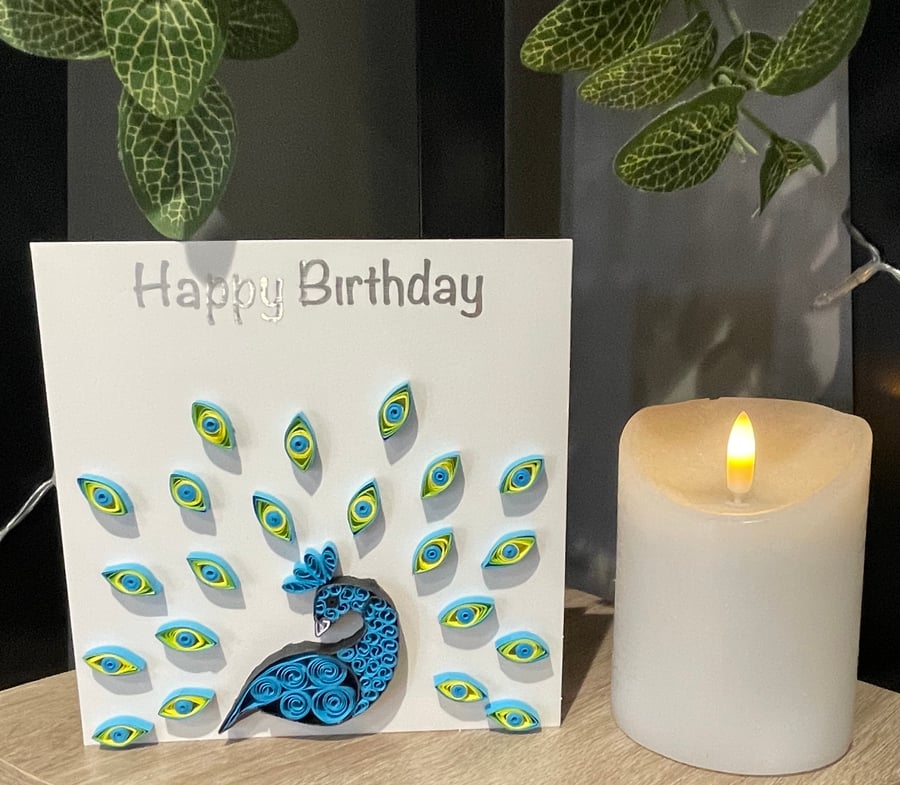 Stunning handmade quilled Peacock Card