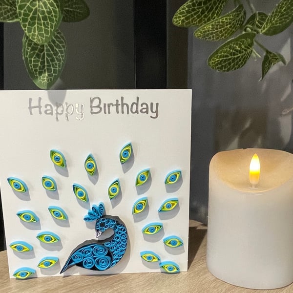 Stunning handmade quilled Peacock Card