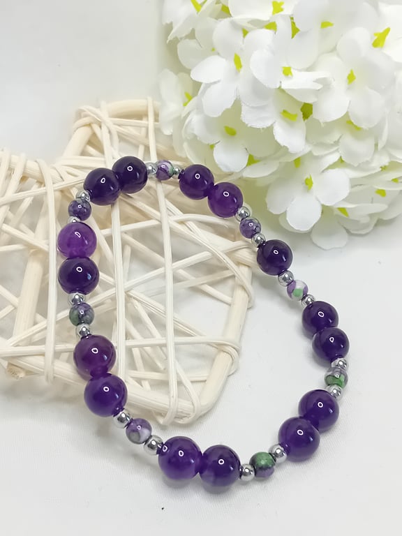 Rain Flower Agate & Amethyst Bracelet