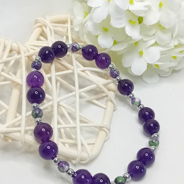 Rain Flower Agate & Amethyst Bracelet