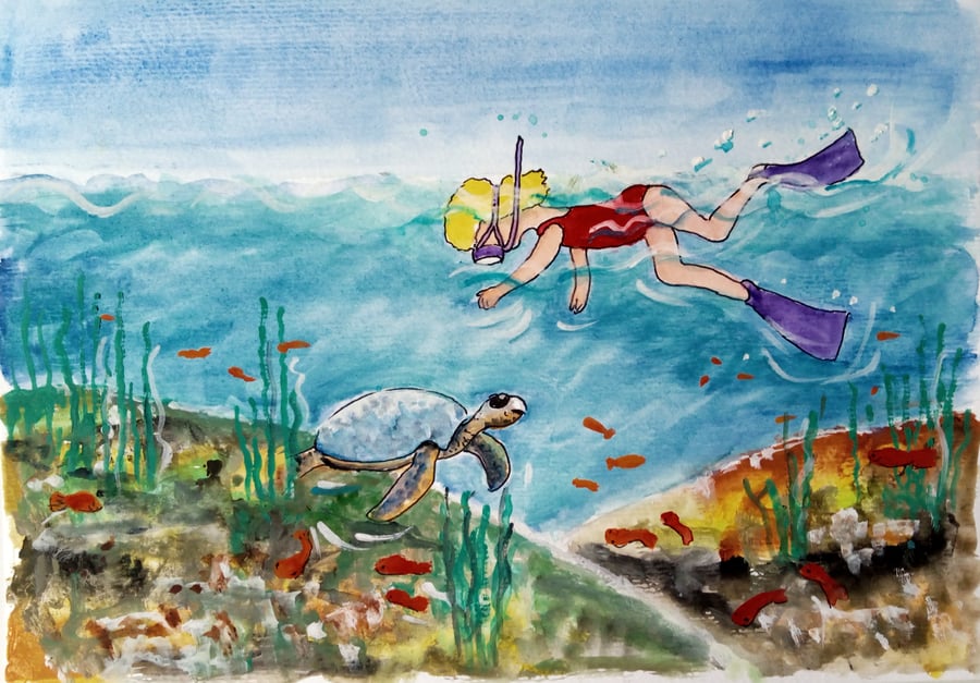 Girl swimming. Sea Turtle, Fishes. Original painting 