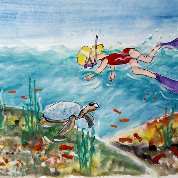 Girl swimming. Sea Turtle, Fishes. Original painting 