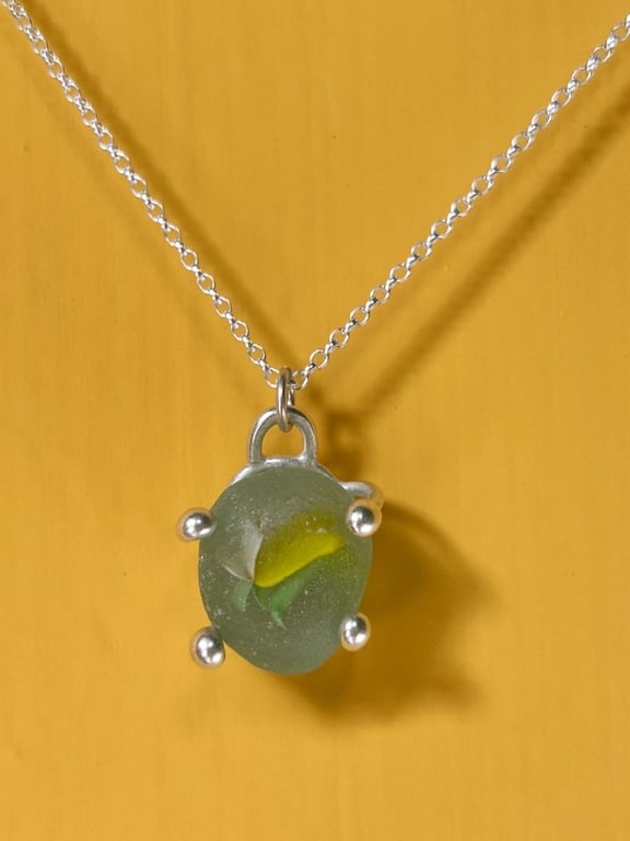 beach found marble pendant in organic silver setting
