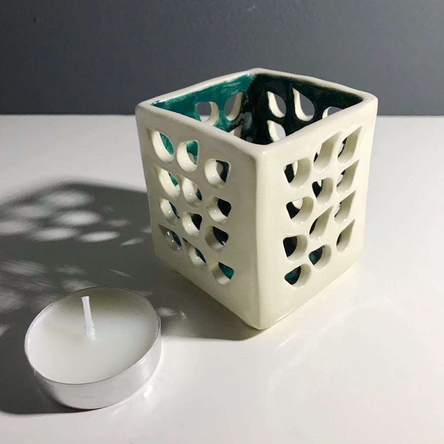 Ceramic square hand built tealight holder green.