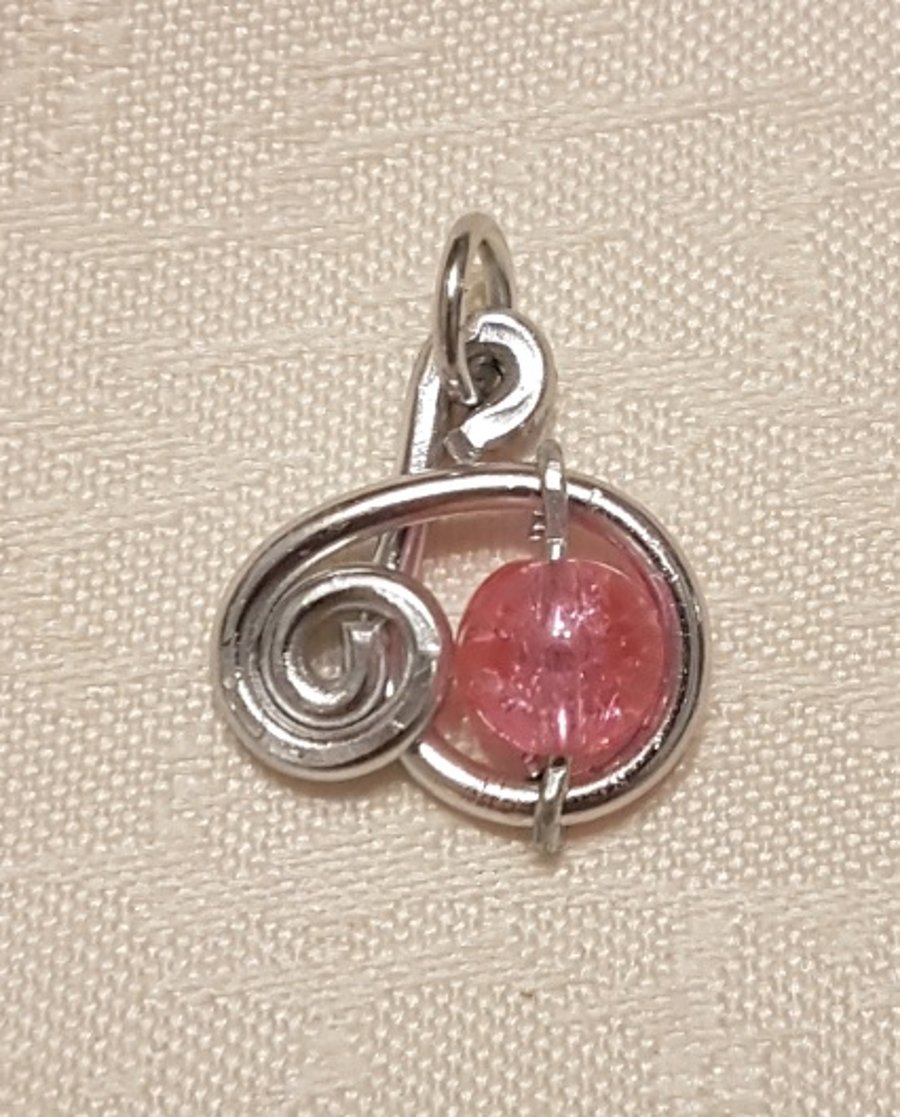 Tiny Swirl Pendant with Pink Crckle Glass Bead.