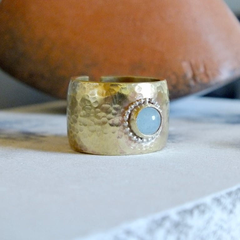 Hammered Brass Adjustable Ring with Aqua Jade & Sterling Silver Detail