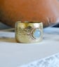 Hammered Brass Adjustable Ring with Aqua Jade & Sterling Silver Detail