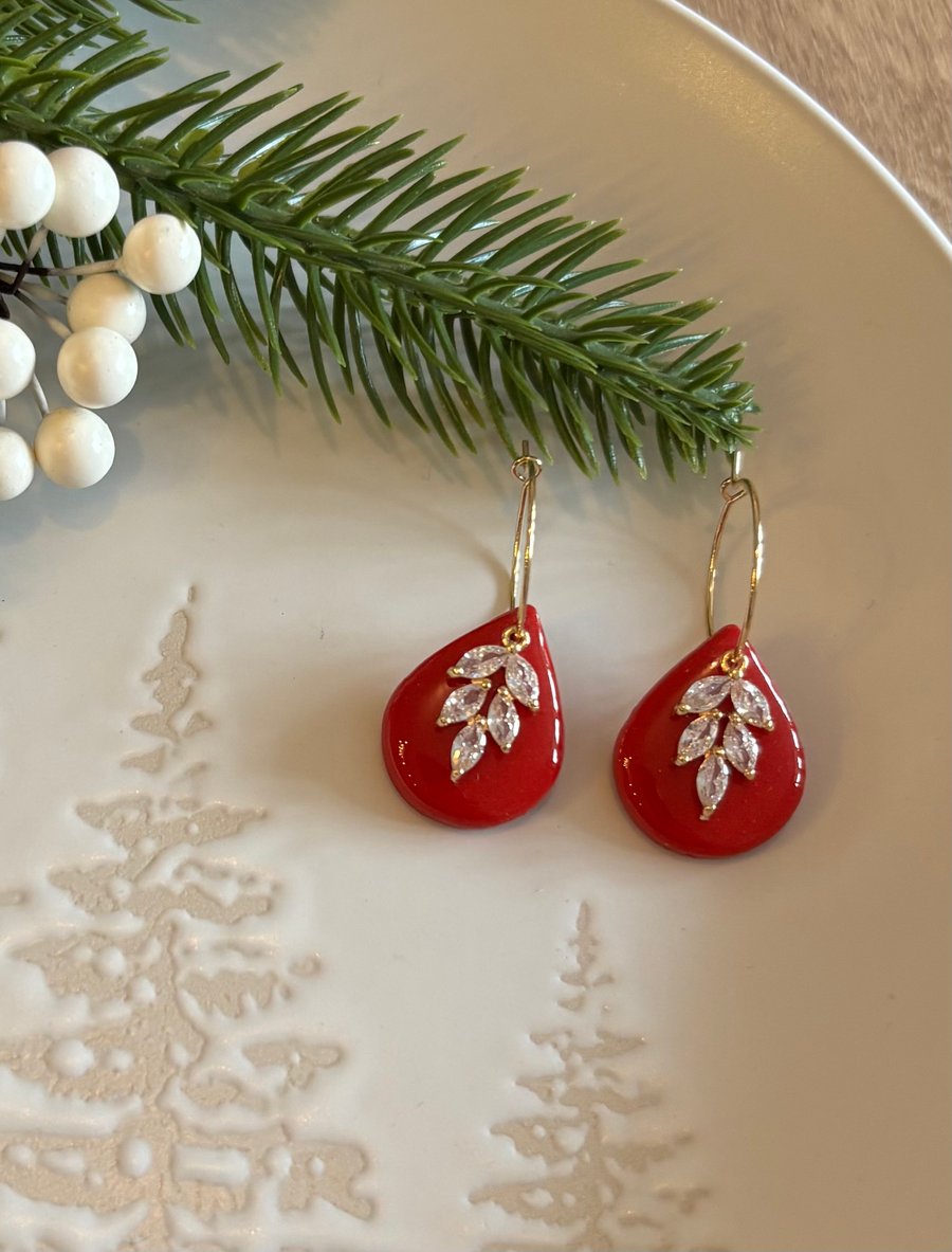 Red Teardrop and CZ Charm Polymer Clay Earrings - Handmade Jewellery 