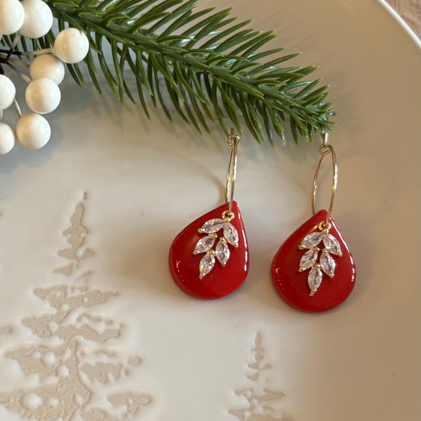 Red Teardrop and CZ Charm Polymer Clay Earrings - Handmade Jewellery 