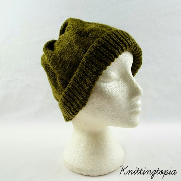 Hand knitted mens beanie hat in olive green - gents beanie hat - winter hat