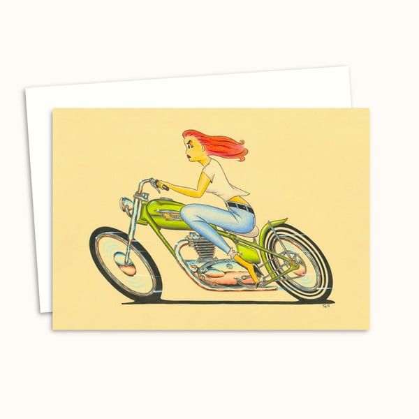 Biker Babe Greetings Card: Hand Drawn Pencil Illustration - Blank Card (306)