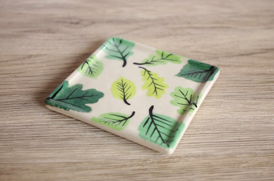Coaster (Square) - Green Beech and Oak Leaves, Pattern