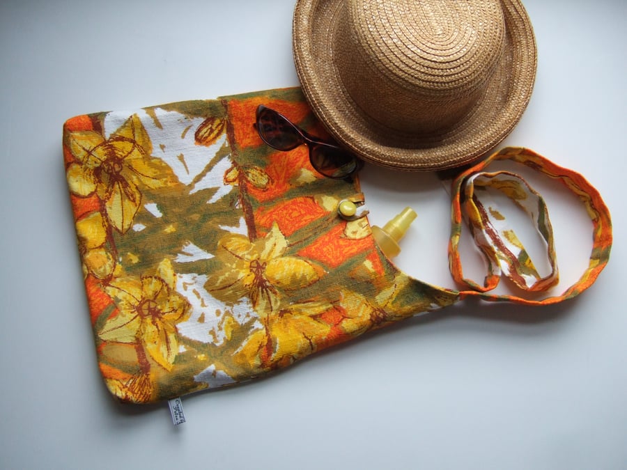 Cross body slouchy bag in a  bold 1970's orange and yellow fabric Seconds Sunday