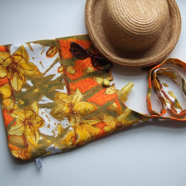Cross body slouchy bag in a  bold 1970's orange and yellow fabric Seconds Sunday