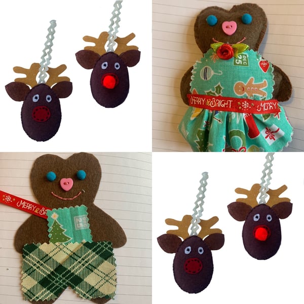 Reindeer and Gingerbread 2 easy soft felt toys patterns, Hanging ornament
