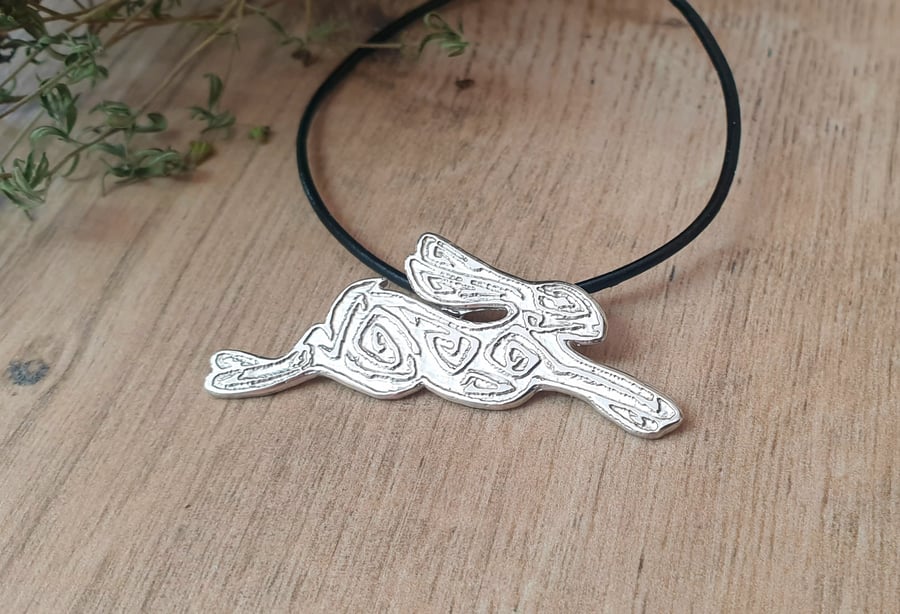 Perseus - Etched Leaping Silver Hare Pendant