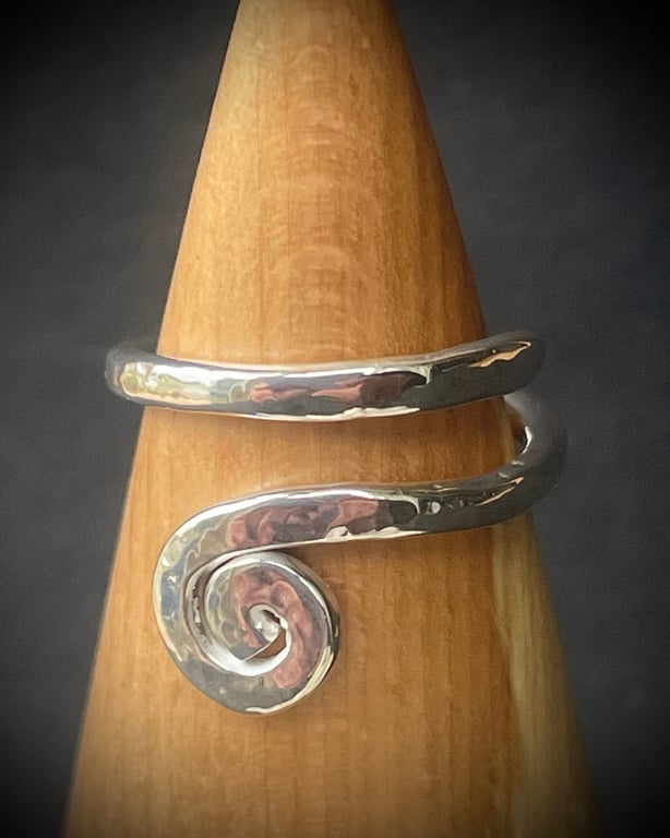 Unique Handmade Sterling Silver Single Spiral Ring with Hammered surface 