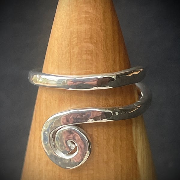 Unique Handmade Sterling Silver Single Spiral Ring with Hammered surface 