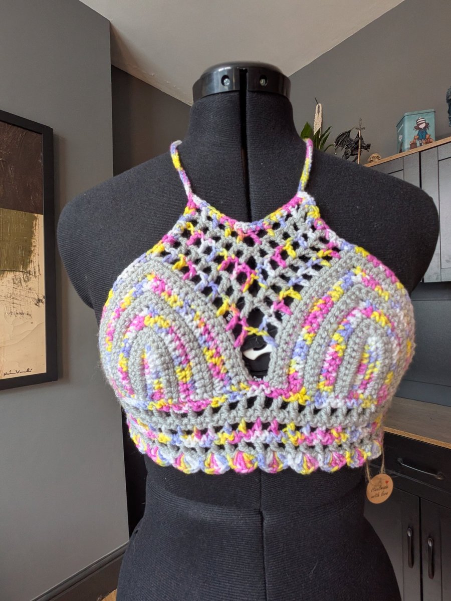 XS handmade crochet halter neck bralette top adjustable corset design