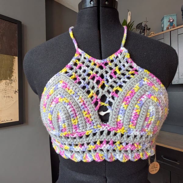 XS handmade crochet halter neck bralette top adjustable corset design