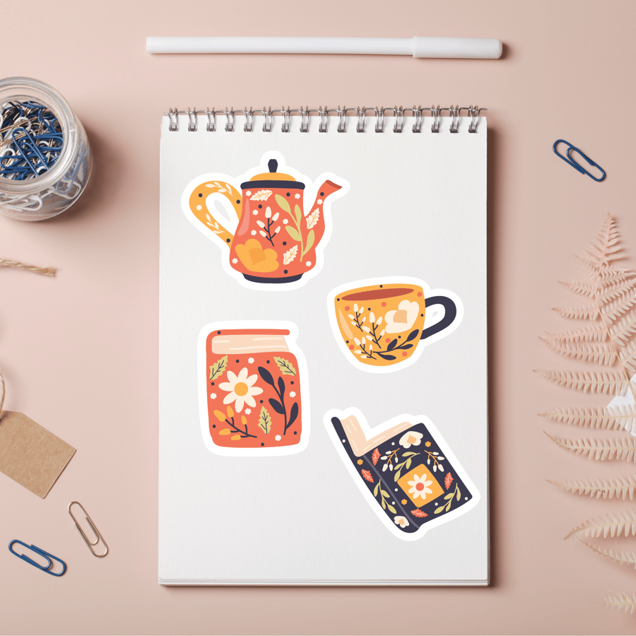 Tea and Books Matte Vinyl Stickers, Set of 4 