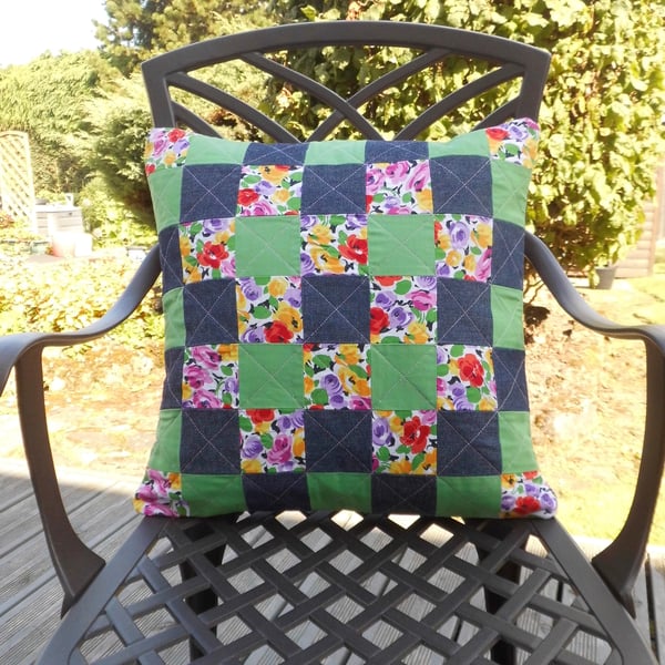 Patchwork cushion blue green and floral with pink gingham button back