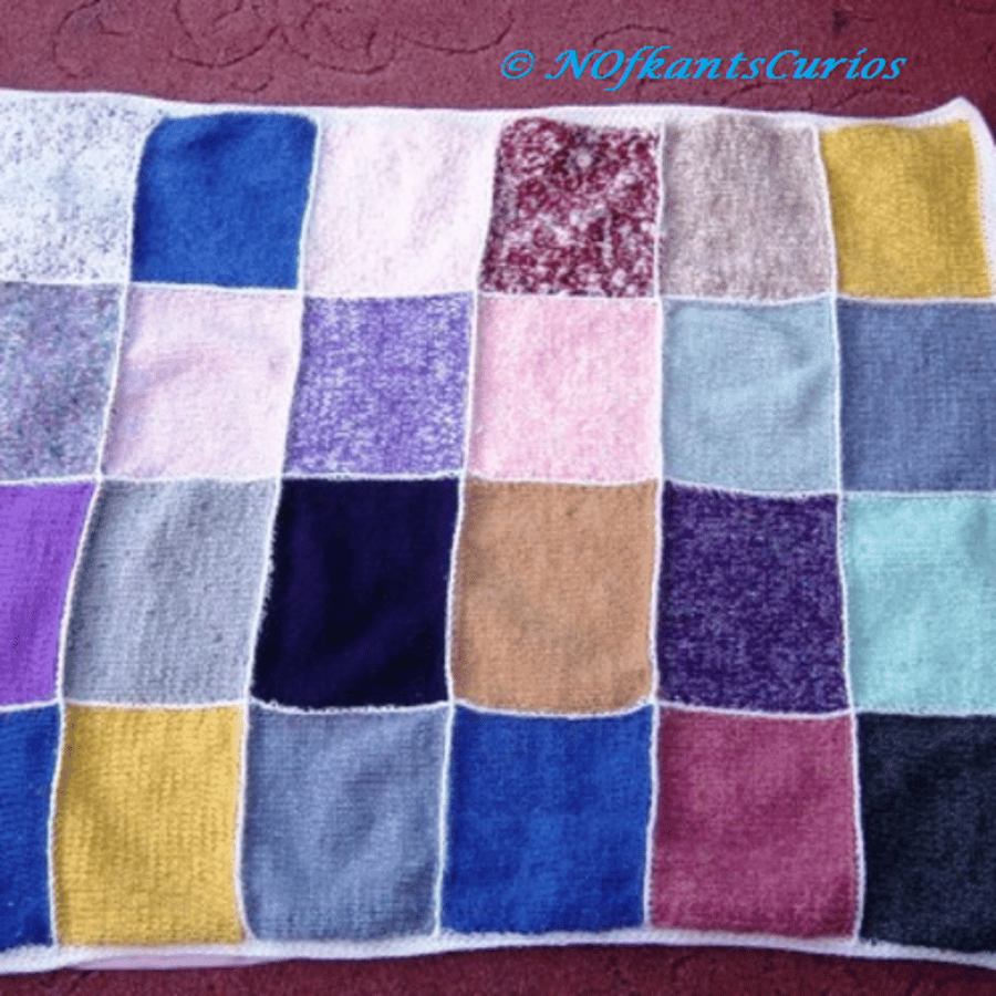 Patchwork Throw, Hand Knitted, Crocheted & Lined Cot or Lap Blanket.