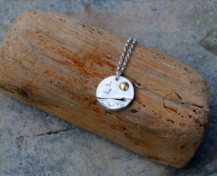 Silver beach, seaside pendant with seagull