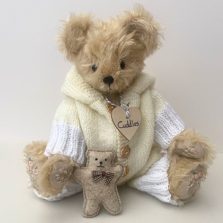 Bedtime teddy bear, one of a kind collectable mohair artist bear, dressed teddy