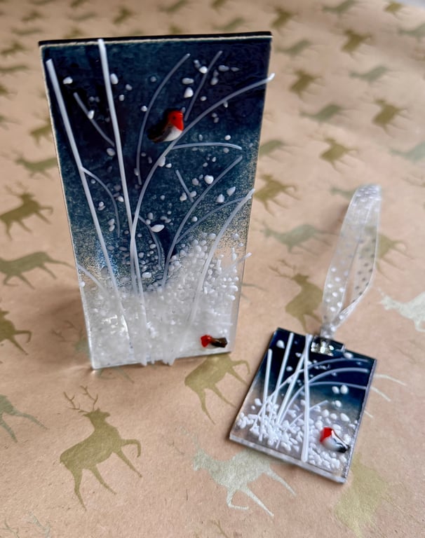 Handmade  winter scene glass tea light and tree decoration 