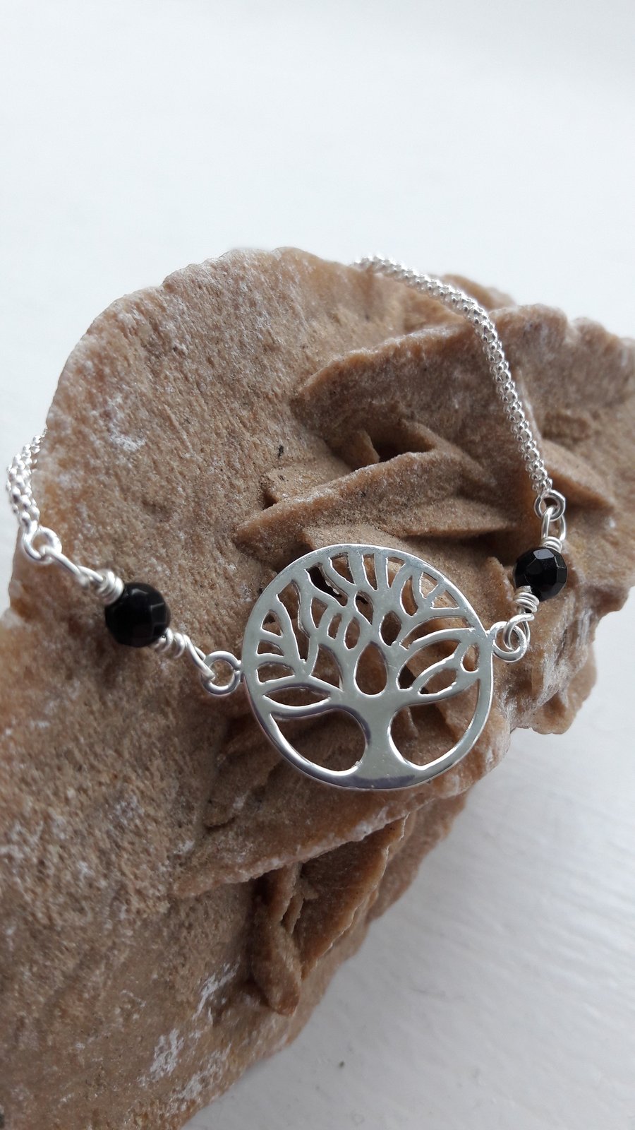 Sterling Silver Tree of Life and Black Agate Adjustable Bracelet