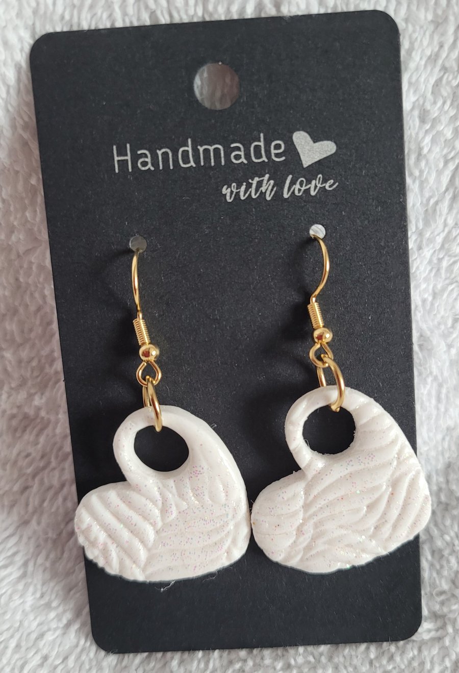Image of Handmade Polymer Clay White Glitter Heart Earrings, 316 Surgical Stainless Steel