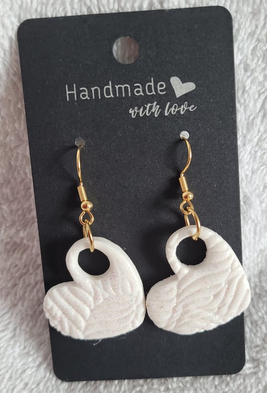 Handmade Polymer Clay White Glitter Heart Earrings, 316 Surgical Stainless Steel