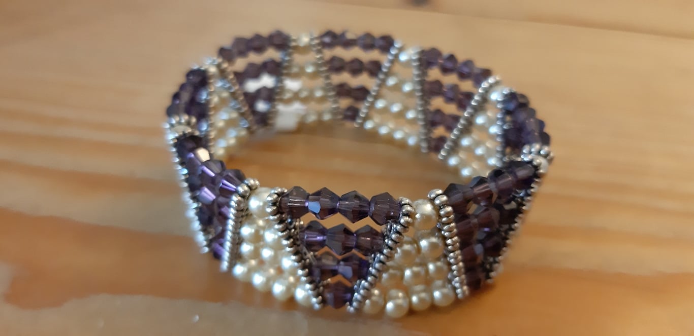 Wide Elastic Beaded Bangle - Purple and Creamy-Yellow