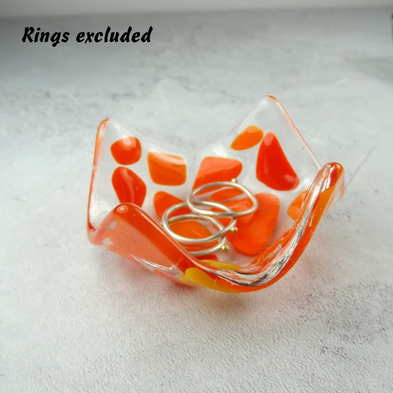 Orange mosaic fused glass trinket dish, rings, earrings, 6.5cm approx