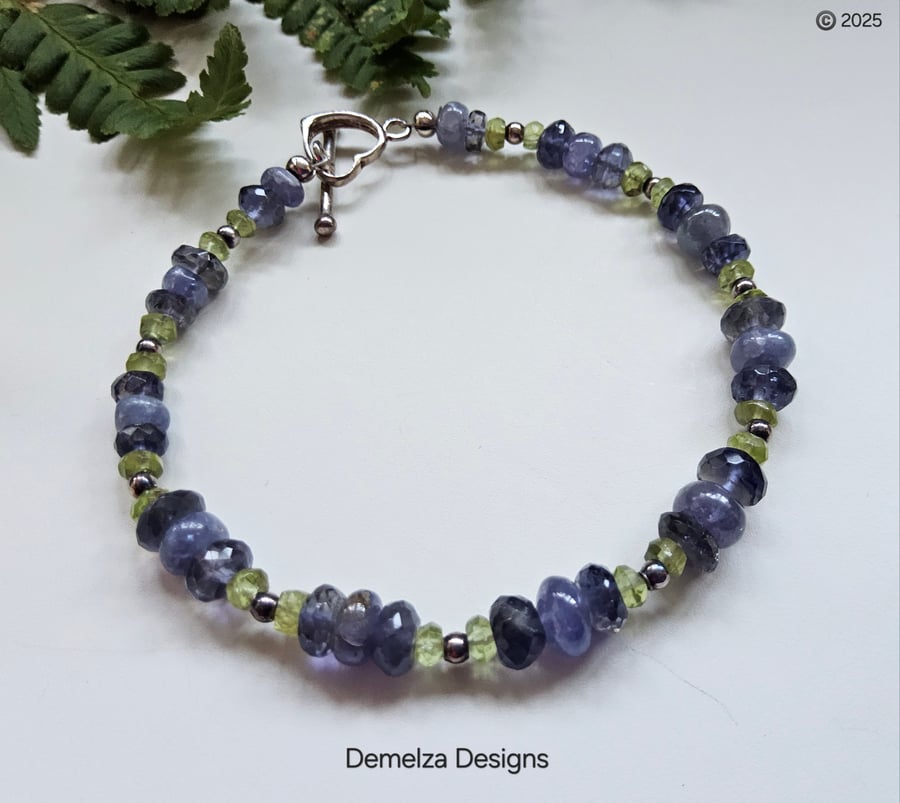 Designer Tanzanite, Iolite & Peridot Sterling Silver Heart Bracelet ONE OFF