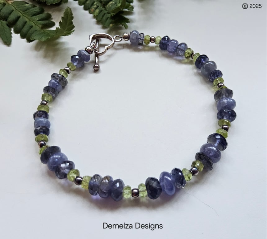 Designer Tanzanite, Iolite & Peridot Sterling Silver Heart Bracelet ONE OFF