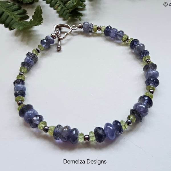 Designer Tanzanite, Iolite & Peridot Sterling Silver Heart Bracelet ONE OFF