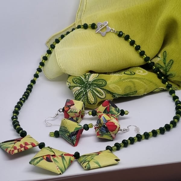 Paper necklace and earrings set, lime green and jungle design 