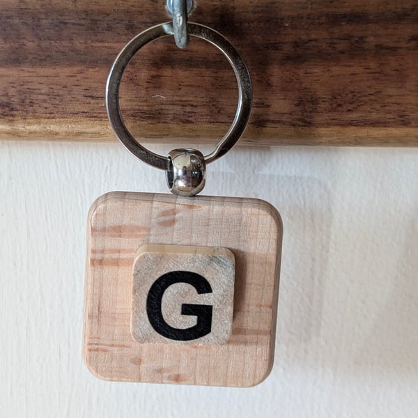 Alphabet letter tile wooden keyring - bagcharm - G