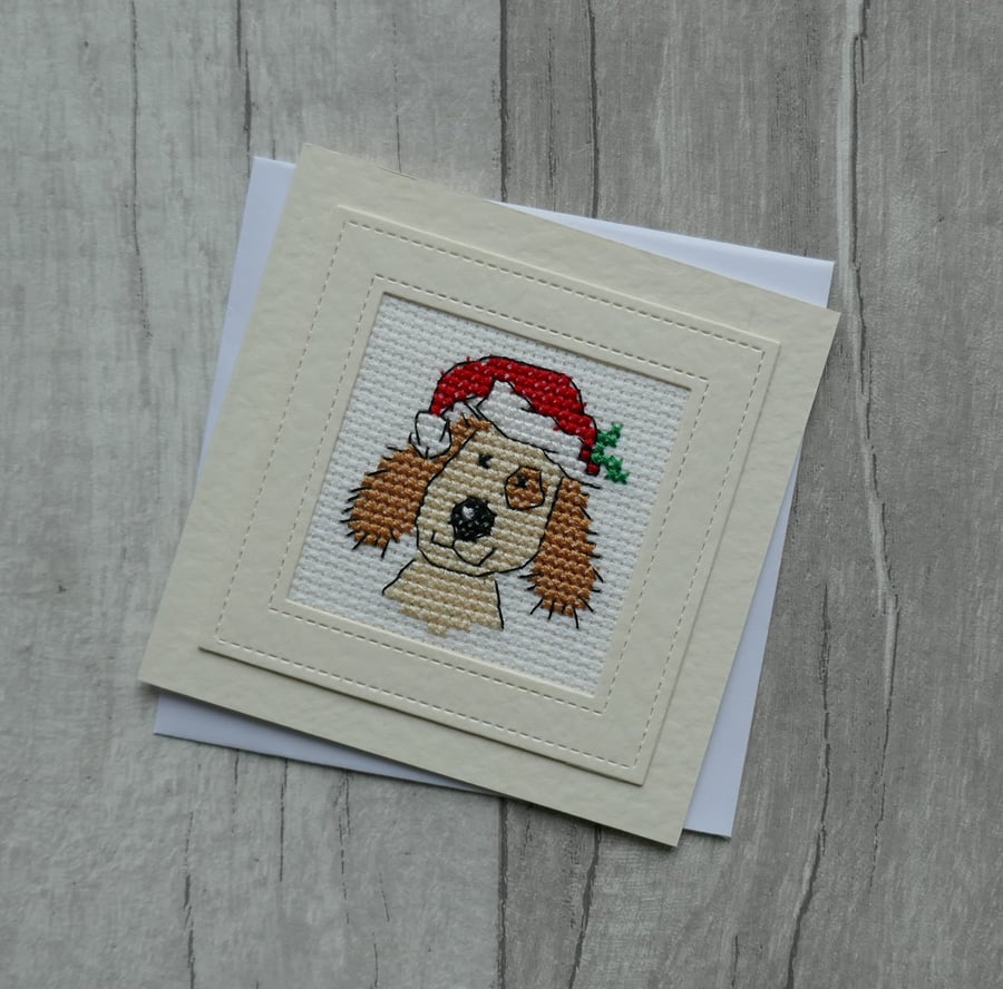Cross Stitch Christmassy Dog - Christmas Card