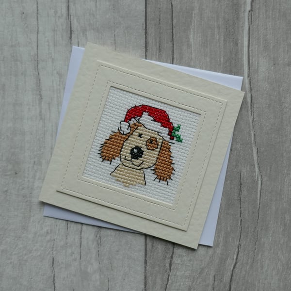 Cross Stitch Christmassy Dog - Christmas Card