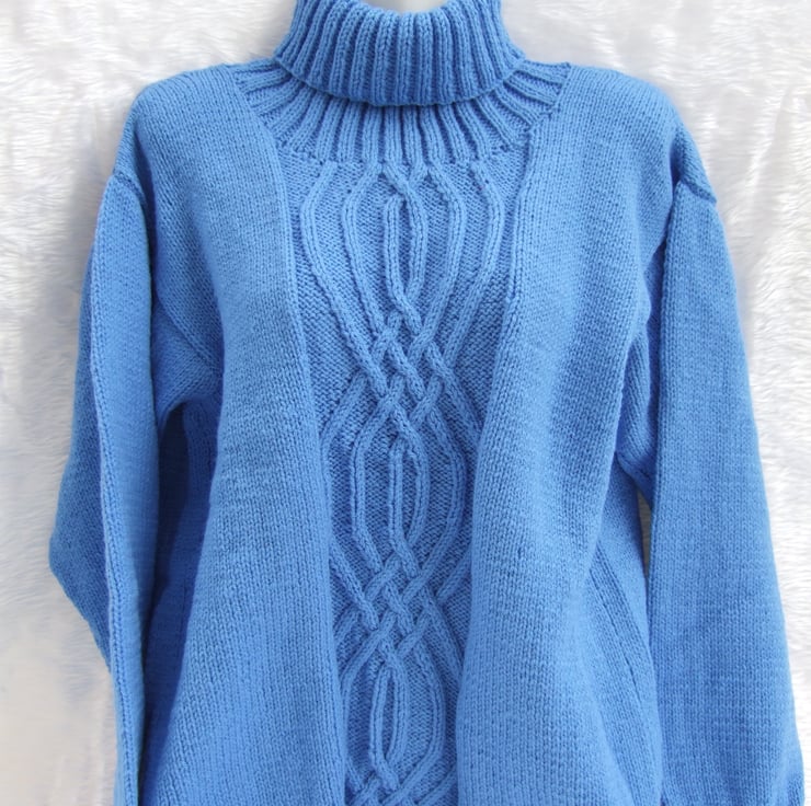 Hand knitted ladies blue roll neck jumper sweat... - Folksy