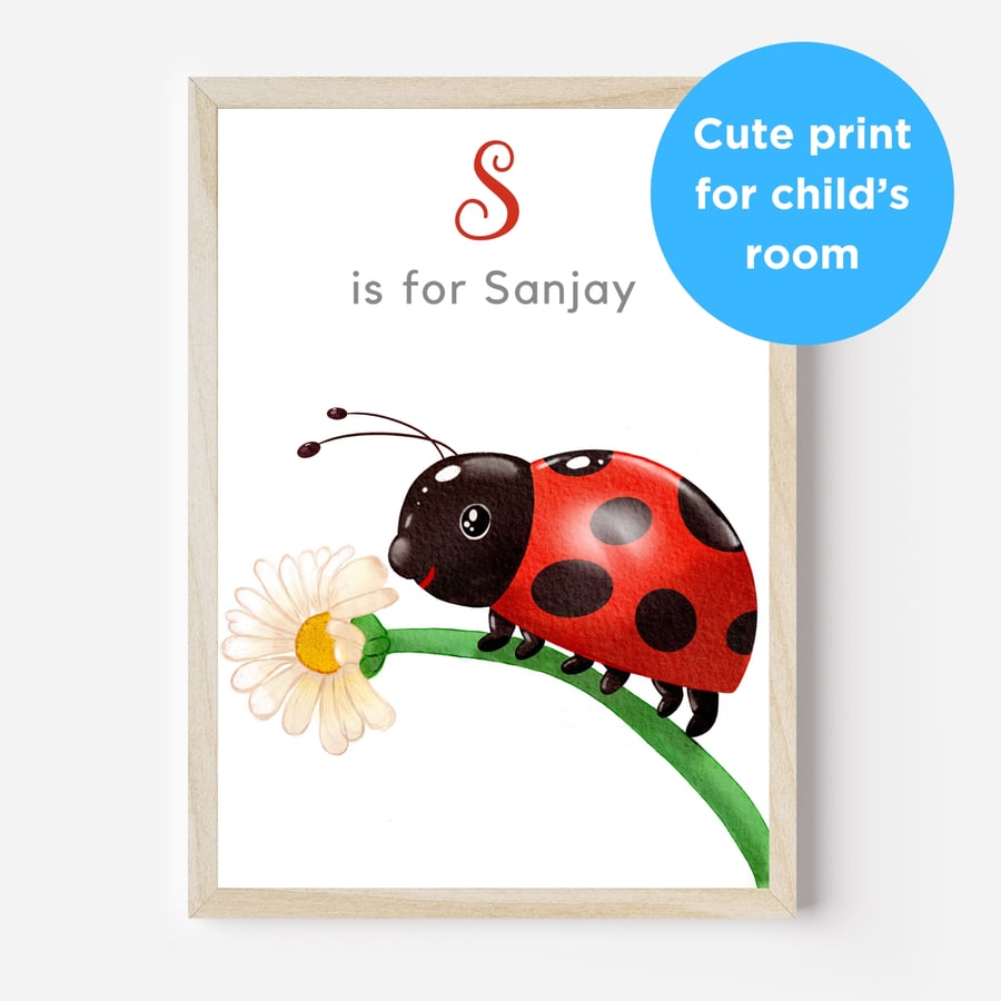 Ladybird personalised baby name nursery wall art print for kids bedroom playroom