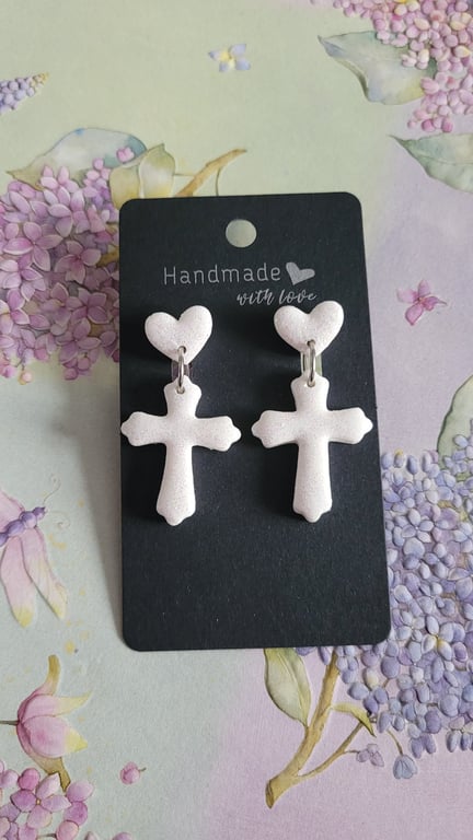 Handmade Polymer Clay White Cross Glitter Earrings. 316 Stainless Steel