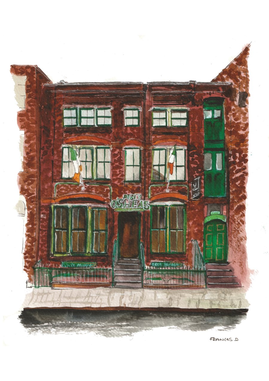 Dirty O'Sheas Irish pub, Liverpool watercolour print A5