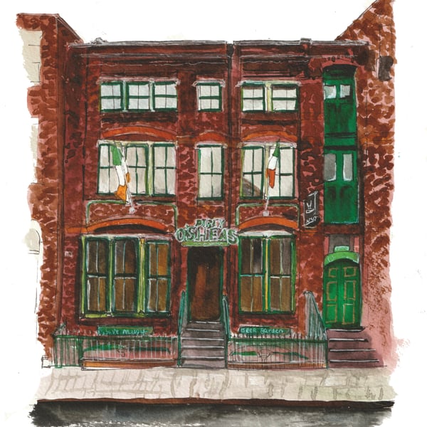 Dirty O'Sheas Irish pub, Liverpool watercolour print A5